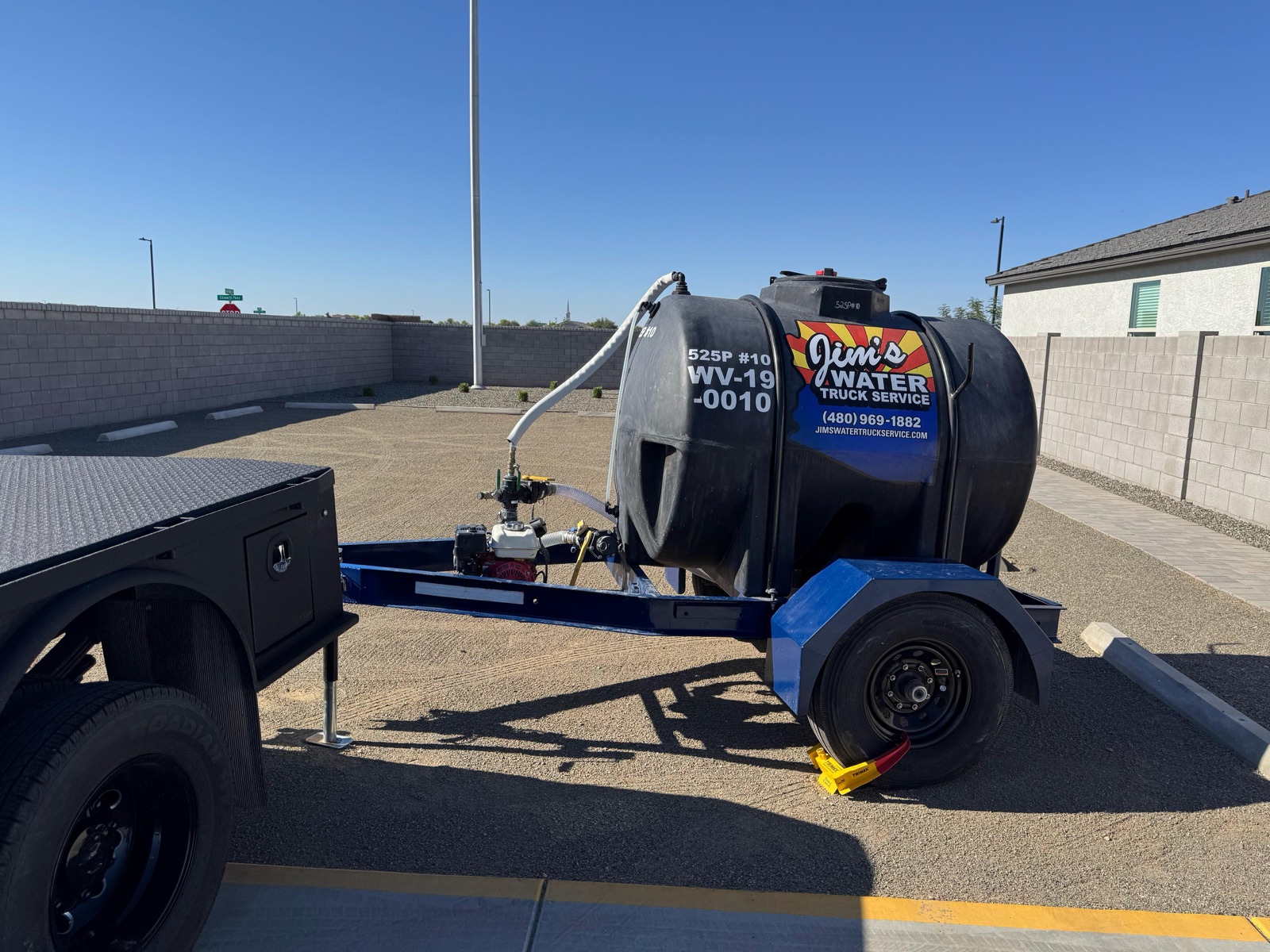 Jim's 525-gallon water trailer staged for delivery in Arizona.